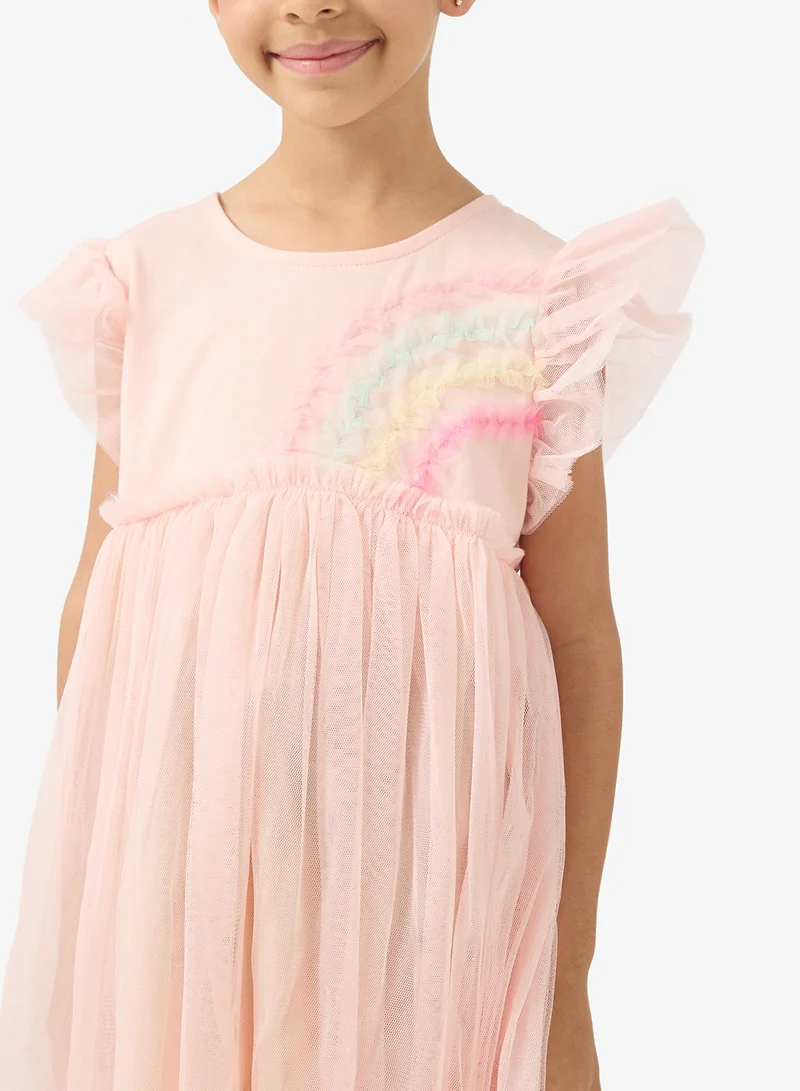 Pinata  Ruffle Shoulder Rainbow Tulle Dress for Women | Best Price UAE