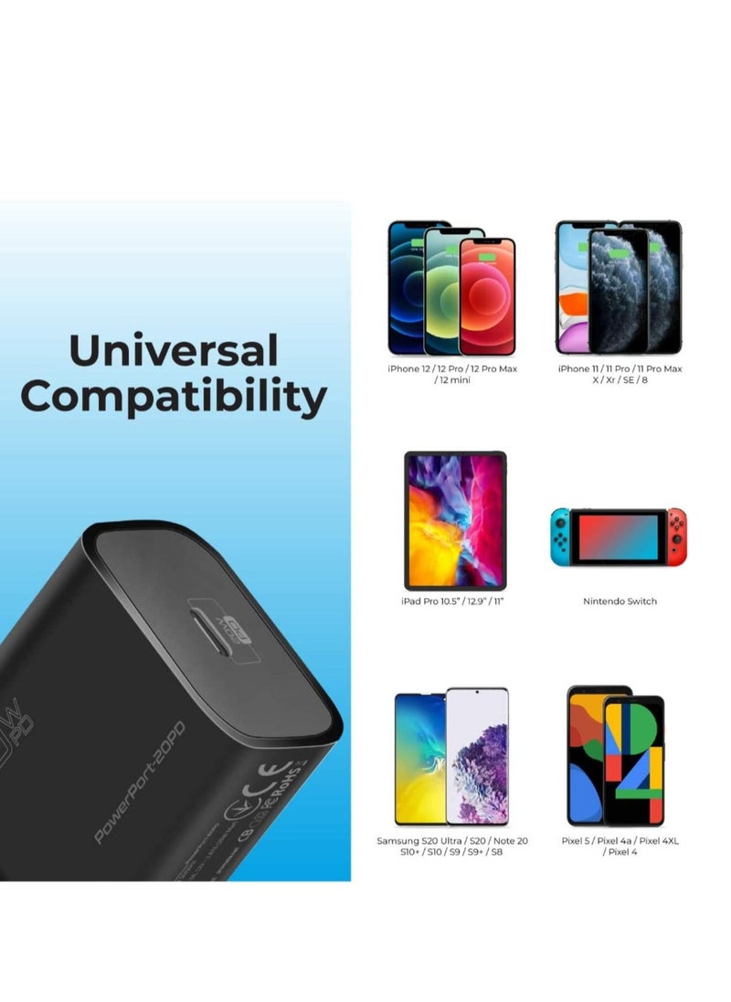 Generic - 20W USB-C Charger with Power Delivery, Ultra-Compact Fast Charge Type-C Wall Adapter with USB-C Power Delivery for iPhone 12/12 Mini/12 Pro/12 Pro Max, iPad Pro, PowerPort20PD- - Image 1