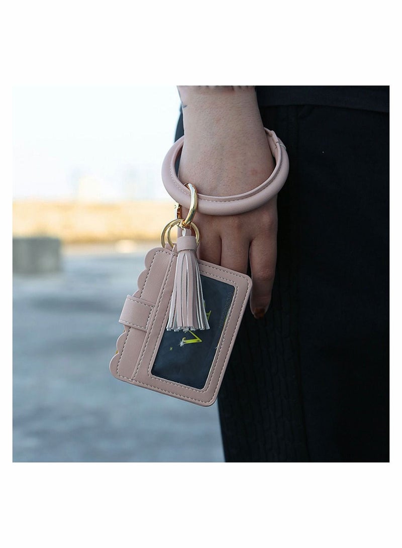 SYOSI Circle Bangle Leather Keychain Wallet ID Card Holder Keyring with Lipstick Wristlet Bracelet Key Ring Chain Tassel Purse Women Girls Free Your Hands  - Image 5