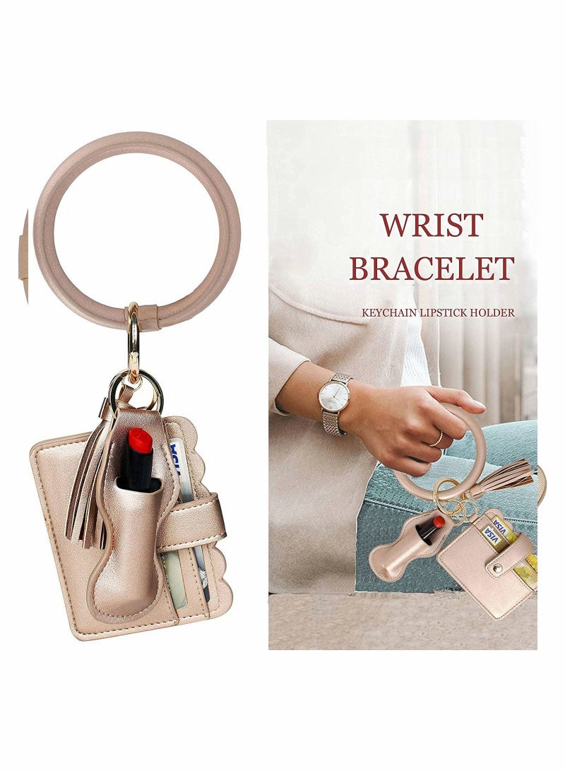 SYOSI Circle Bangle Leather Keychain Wallet ID Card Holder Keyring with Lipstick Wristlet Bracelet Key Ring Chain Tassel Purse Women Girls Free Your Hands  - Image 2