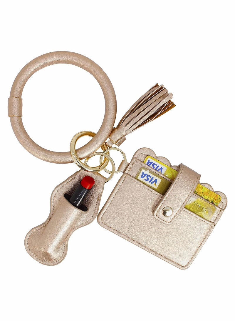 SYOSI Circle Bangle Leather Keychain Wallet ID Card Holder Keyring with Lipstick Wristlet Bracelet Key Ring Chain Tassel Purse Women Girls Free Your Hands  - Image 1