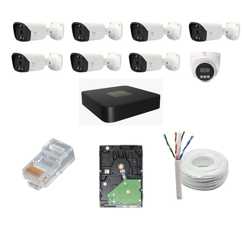 JK Vision كاميرا CCTV IP من JK Vision بدقة 5 ميجابكسل مجموعة كاملة 7 كاميرا رصاصة 1 كاميرا قبة NVR مع POE مدمج قرص صلب 2TB كابل Cat6 بطول 100 متر 16 موصل RJ45 - Image 1