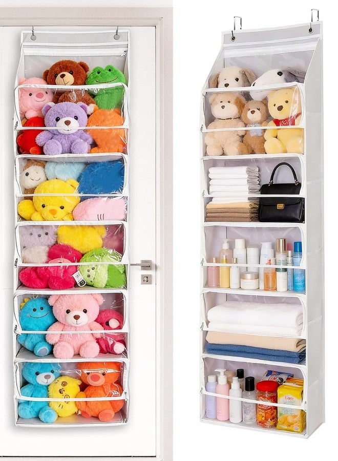 KIKJOK Over Door Stuffed Animal Storage, Zipper Closure Hanging Toy Organizer, Nylon Behind Door Organization, Clear Window Bathroom/Bedroom/Closet Holder Bag for Nursery Dorm Room Plush, 1Pack, 5 Tier，Beige - Image 1