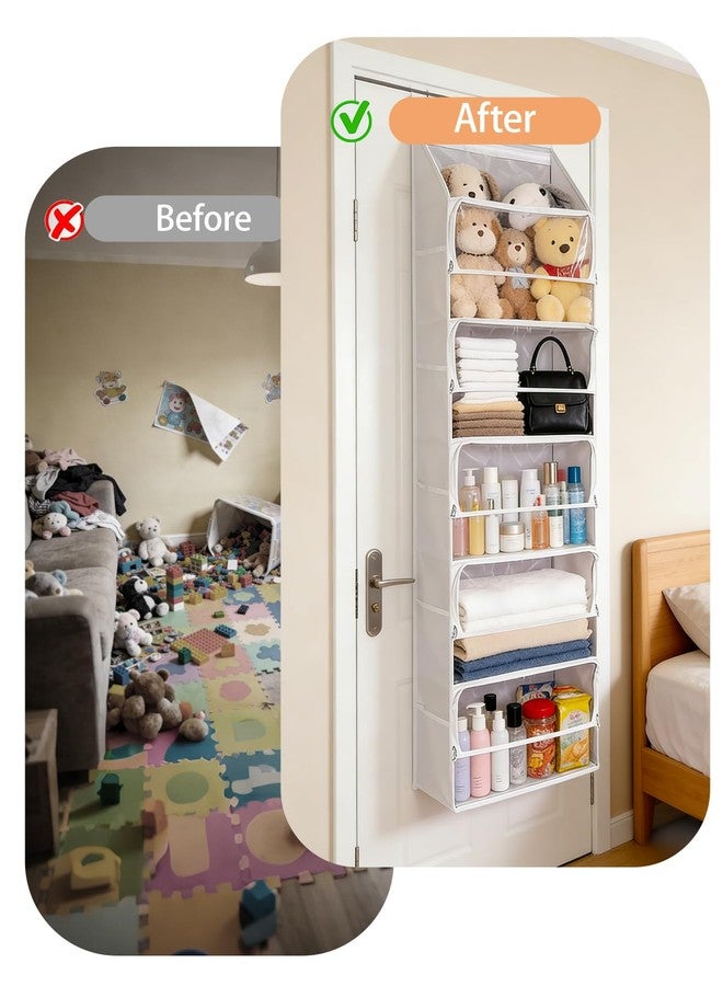 KIKJOK Over Door Stuffed Animal Storage, Zipper Closure Hanging Toy Organizer, Nylon Behind Door Organization, Clear Window Bathroom/Bedroom/Closet Holder Bag for Nursery Dorm Room Plush, 1Pack, 5 Tier，Beige - Image 2