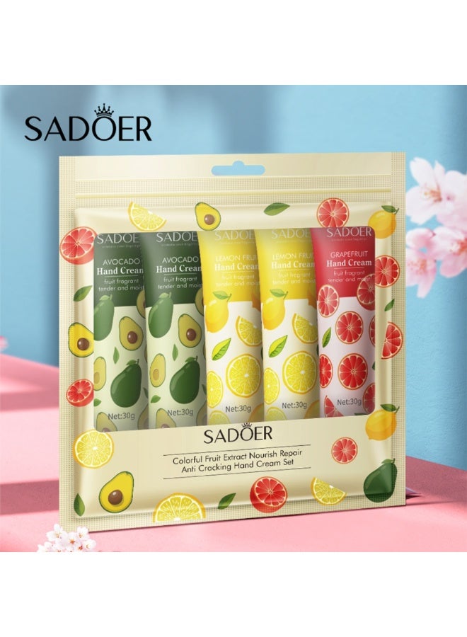 SADOER مجموعة كريم اليد 5 قطع ملون مستخلص الفواكه تغذية إصلاح مضاد للتشقق لمرطب اليدين كريم العناية باليدين كريم العناية باليدين المصغر تنعيم البشرة وإزالة الخشونة - Image 2