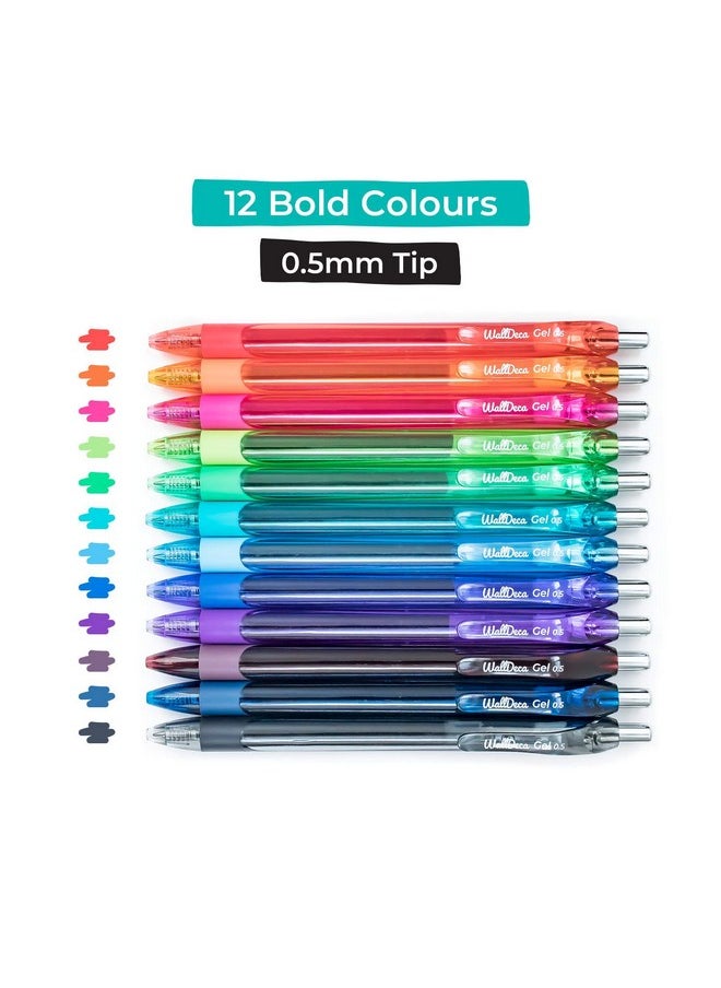 WallDeca - Gel Pens 12 Count Fine Point Tip (0.5Mm) Assorted Rainbow Colors Retractable Made For Everyday Writing Journals Notes And Doodling - Image 1