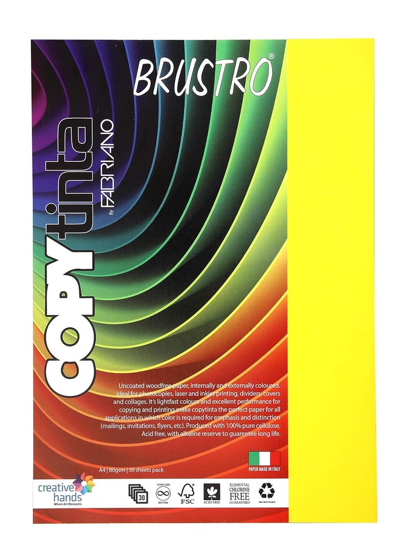 Copytinta Coloured Craft Paper A4 Size, 80 GSM, (60 sheets), Bright Yellow Shade (GIALLO) | Ideal for photocopies, laser, prints, fax, dividers, covers, collages, craft, school, office