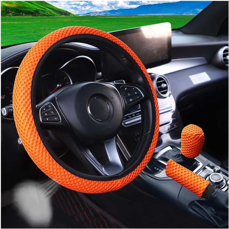Bittwee 3PCS 15Inch Car Steering Wheel Cover Armrest Cover Gear Shift Cover Set, Microfiber Breathable Anti-Slip Automotive Steering Wheel Protector, Vehicle Interior Decor, Universal Fit（Orange） - Image 1