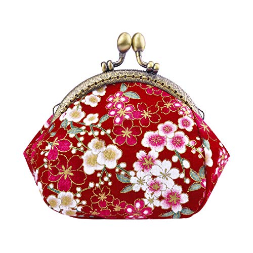 Oyachic Coin Purse,Floral Change Purse,Vintage Coin Pouch,Small Wallet with Kiss Lock Clasp for Women,Girls,Red - Image 1