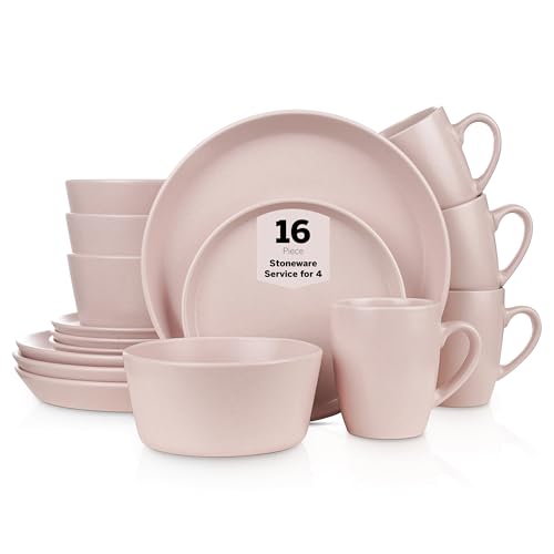 Stone Lain Albie Stoneware 16-Piece Modern Dinnerware Set, Kitchen Plates and Bowls Sets, Dish Set for 4, Pink - Image 1