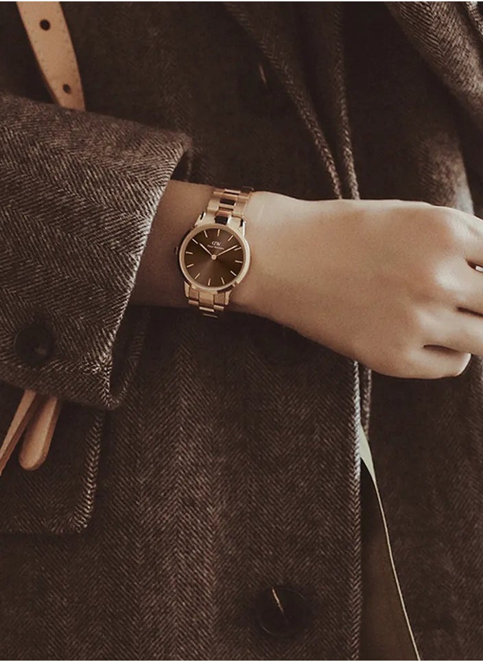 DW Home - Iconic Link Amber Brown Round Watch for Women 28mm Dial with Rose Gold Stainless Steel Strap DW00100463 - Image 1