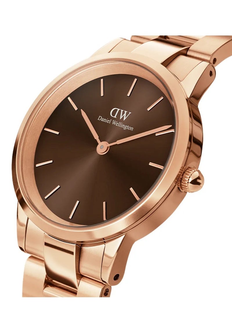 DW Home - Iconic Link Amber Brown Round Watch for Women 28mm Dial with Rose Gold Stainless Steel Strap DW00100463 - Image 1