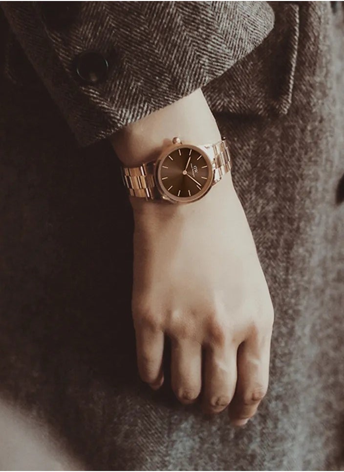 DW Home - Iconic Link Amber Brown Round Watch for Women 28mm Dial with Rose Gold Stainless Steel Strap DW00100463 - Image 1
