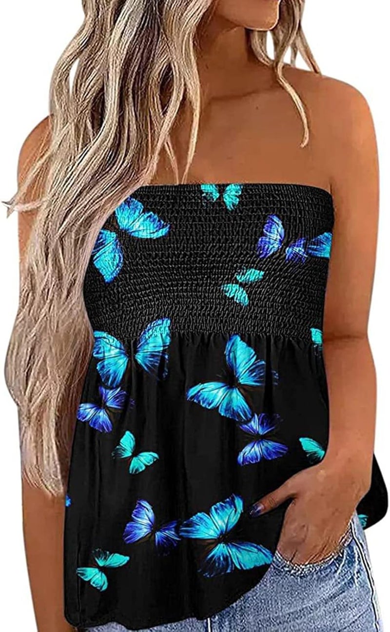 woobles Womens Summer Sexy Tube Top Off Shoulder Backless Tops Printed Casual Elastic Pleated Bandeau Blouse Shirt Vest Tops - Image 1