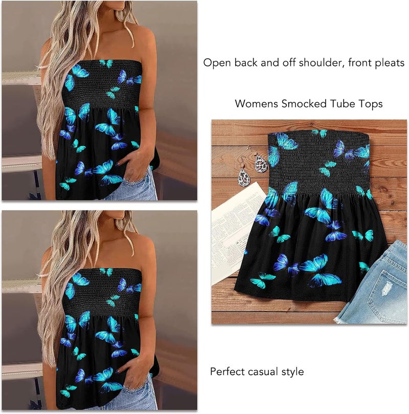 woobles Womens Summer Sexy Tube Top Off Shoulder Backless Tops Printed Casual Elastic Pleated Bandeau Blouse Shirt Vest Tops - Image 5