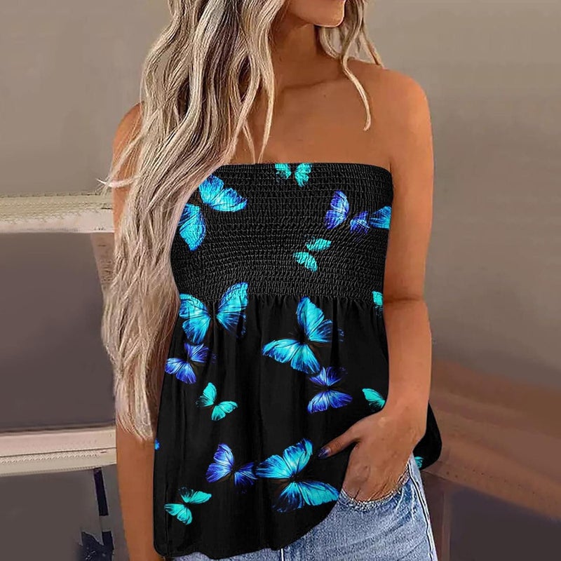 woobles Womens Summer Sexy Tube Top Off Shoulder Backless Tops Printed Casual Elastic Pleated Bandeau Blouse Shirt Vest Tops - Image 2