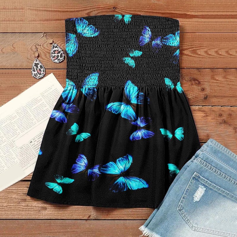 woobles Womens Summer Sexy Tube Top Off Shoulder Backless Tops Printed Casual Elastic Pleated Bandeau Blouse Shirt Vest Tops - Image 4