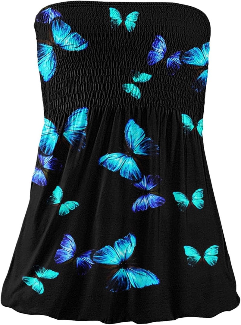 woobles Womens Summer Sexy Tube Top Off Shoulder Backless Tops Printed Casual Elastic Pleated Bandeau Blouse Shirt Vest Tops - Image 3