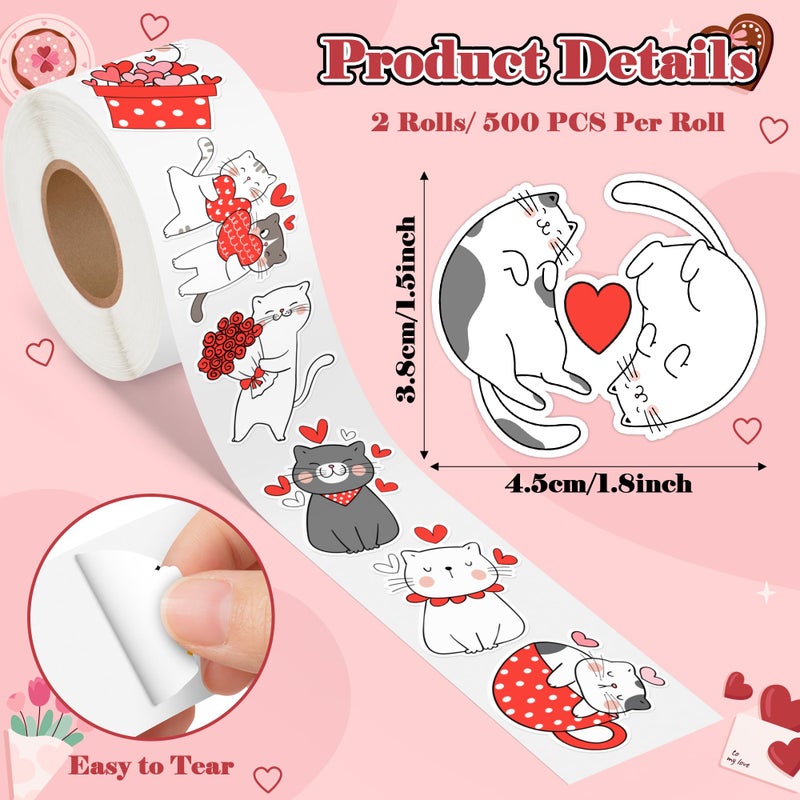 A1diee Valentine Cartoon Cat Stickers - Cat Heart I Love You Decal Cartoon Animal Sweet Love Red Heart Stickers for Kids Envelopes Water Bottle Postcards Scrapbooking Greeting Cards, 1000Pcs 2 Rolls - Image 2