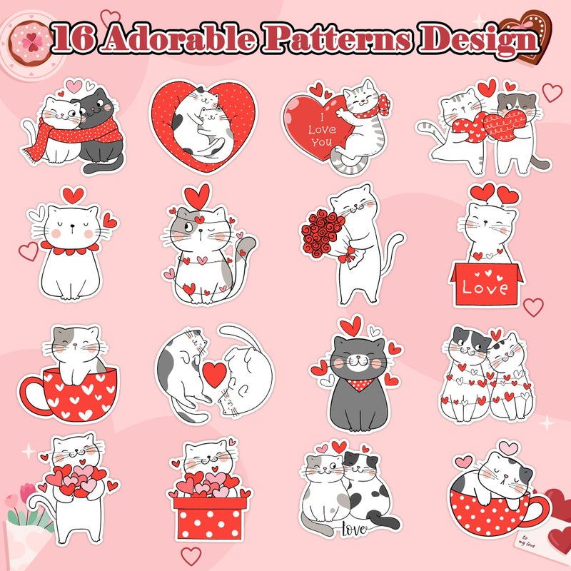 A1diee Valentine Cartoon Cat Stickers - Cat Heart I Love You Decal Cartoon Animal Sweet Love Red Heart Stickers for Kids Envelopes Water Bottle Postcards Scrapbooking Greeting Cards, 1000Pcs 2 Rolls - Image 3