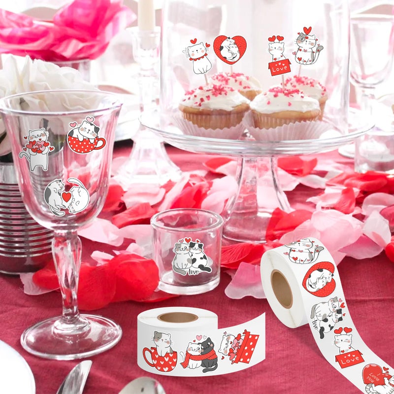 A1diee Valentine Cartoon Cat Stickers - Cat Heart I Love You Decal Cartoon Animal Sweet Love Red Heart Stickers for Kids Envelopes Water Bottle Postcards Scrapbooking Greeting Cards, 1000Pcs 2 Rolls - Image 4