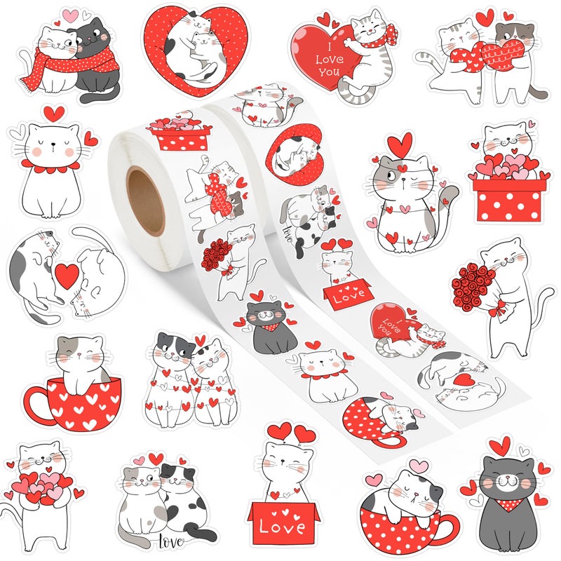 A1diee Valentine Cartoon Cat Stickers - Cat Heart I Love You Decal Cartoon Animal Sweet Love Red Heart Stickers for Kids Envelopes Water Bottle Postcards Scrapbooking Greeting Cards, 1000Pcs 2 Rolls - Image 1