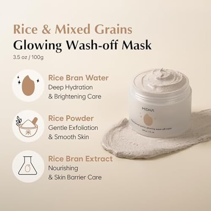 MIDHA RICE & MIXED GRAINS GLOWING WASHOFF MASK, 3.5oz/100g, Gentle Exfoliation, Glow & Smooth Texture, Rough Texture, Pore Clearing, Nourishing, Rice Enzyme, Wash off Pack - Image 2