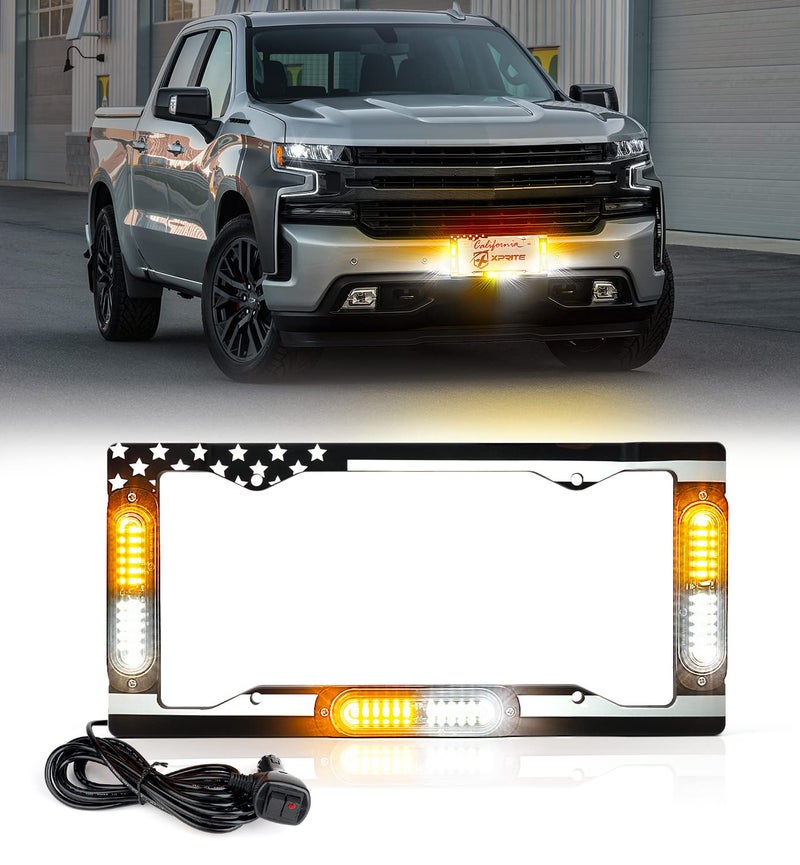 Xprite 36 LED License Plate Strobe Light US Flag FrontRear Strobe Lights 22 Flash Modes Emergency Safety Warning LED License Frame for Cars Vehicles Trucks Amber White wPreInstalled 9FT Cable - Image 2