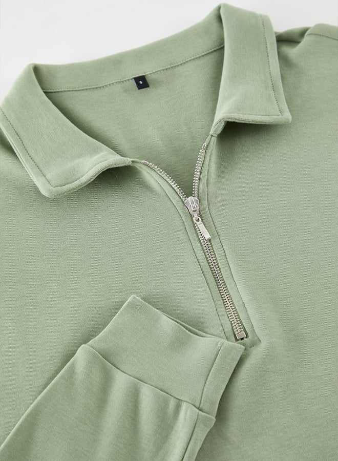 trendyol Light Khaki Oversize/Wide Cut Zippered Polo Collar Stand Collar Zippered Sweatshirt TMNAW25SW00111 - Image 4