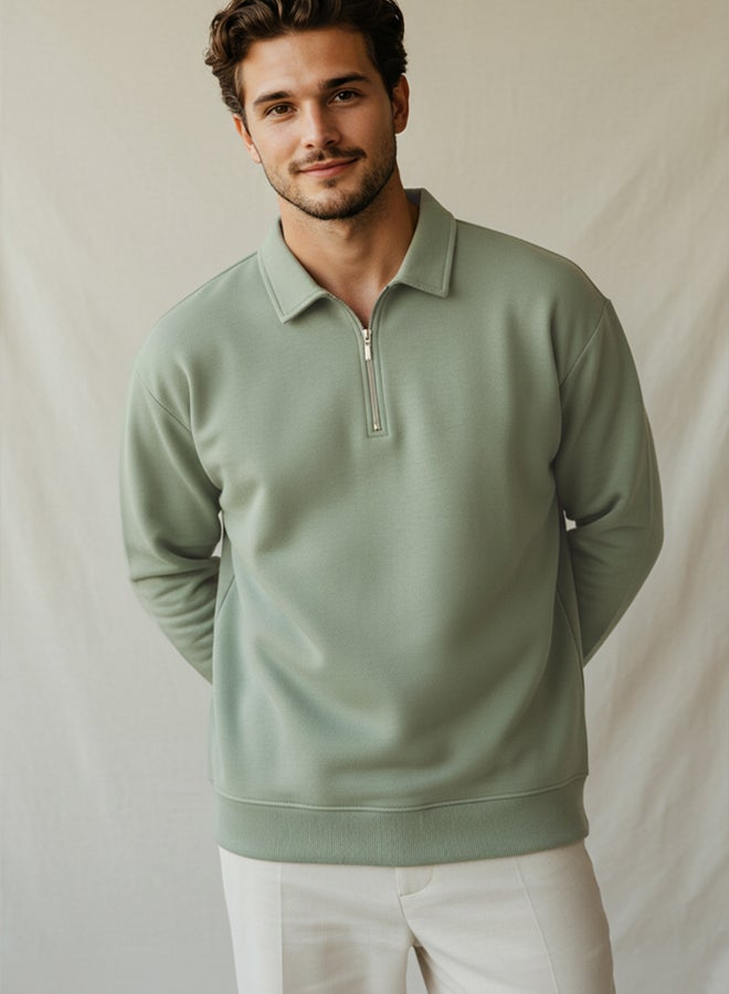 trendyol Light Khaki Oversize/Wide Cut Zippered Polo Collar Stand Collar Zippered Sweatshirt TMNAW25SW00111 - Image 1