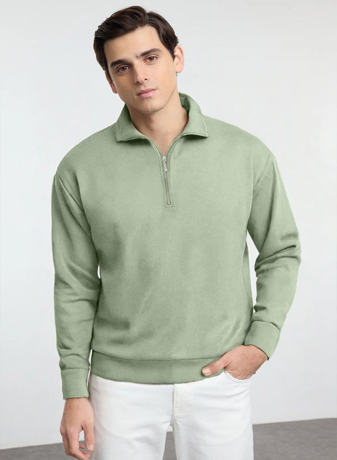 trendyol Light Khaki Oversize/Wide Cut Zippered Polo Collar Stand Collar Zippered Sweatshirt TMNAW25SW00111 - Image 2