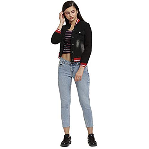 Campus Sutra Women's Solid Black Dark-Washed Regular Fit Denim Jacket For Winter Wear Collared Neck Full Sleeve Buttoned Casual Jacket For Woman & Girl Western Stylish Jacket For Women - Image 3