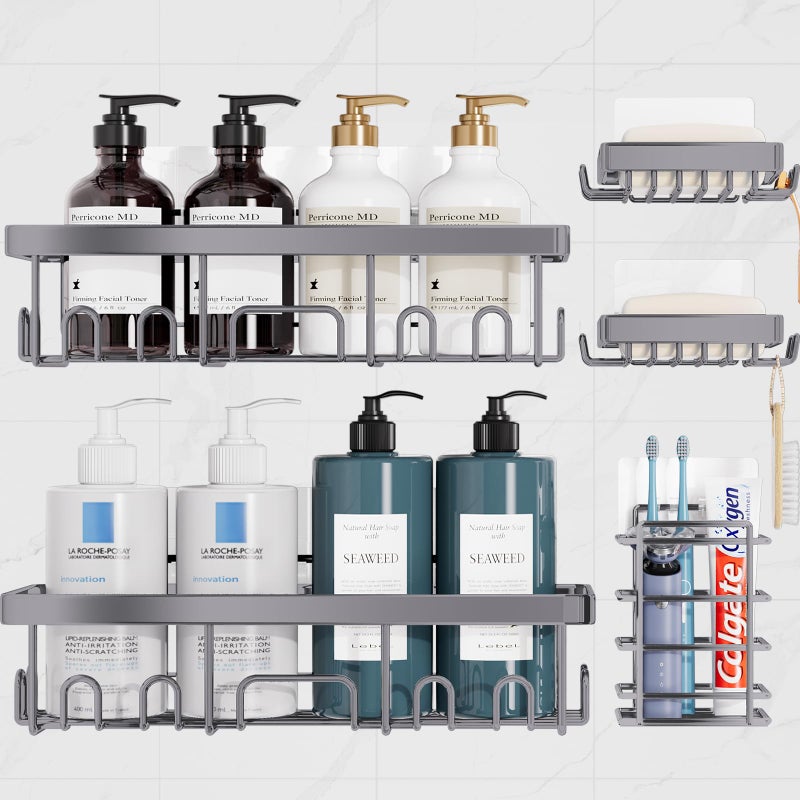Veken Adhesive Shower Caddy 5-Pack Heavy Weight Bearing Large Wall Mounted Shower Shelves Rack Organizer Storage Accessories with Soap Dish&Toothbrush Holder Ideal for Bathroom Home&Kitchen Gray - Image 1