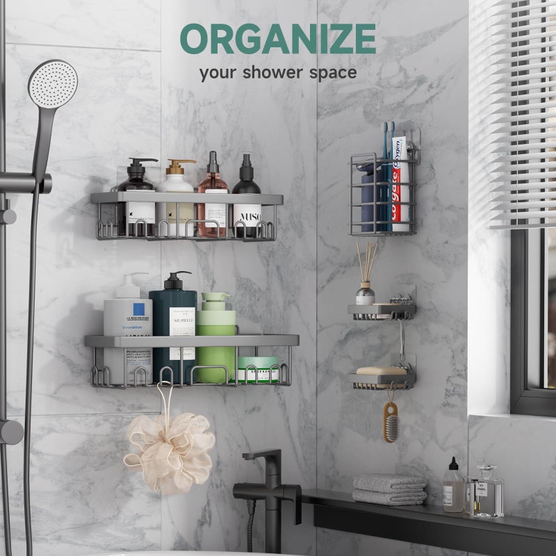Veken Adhesive Shower Caddy 5-Pack Heavy Weight Bearing Large Wall Mounted Shower Shelves Rack Organizer Storage Accessories with Soap Dish&Toothbrush Holder Ideal for Bathroom Home&Kitchen Gray - Image 2