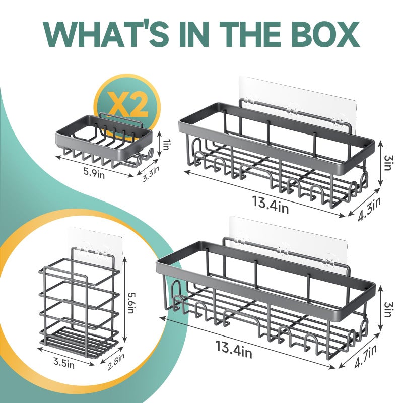 Veken Adhesive Shower Caddy 5-Pack Heavy Weight Bearing Large Wall Mounted Shower Shelves Rack Organizer Storage Accessories with Soap Dish&Toothbrush Holder Ideal for Bathroom Home&Kitchen Gray - Image 3