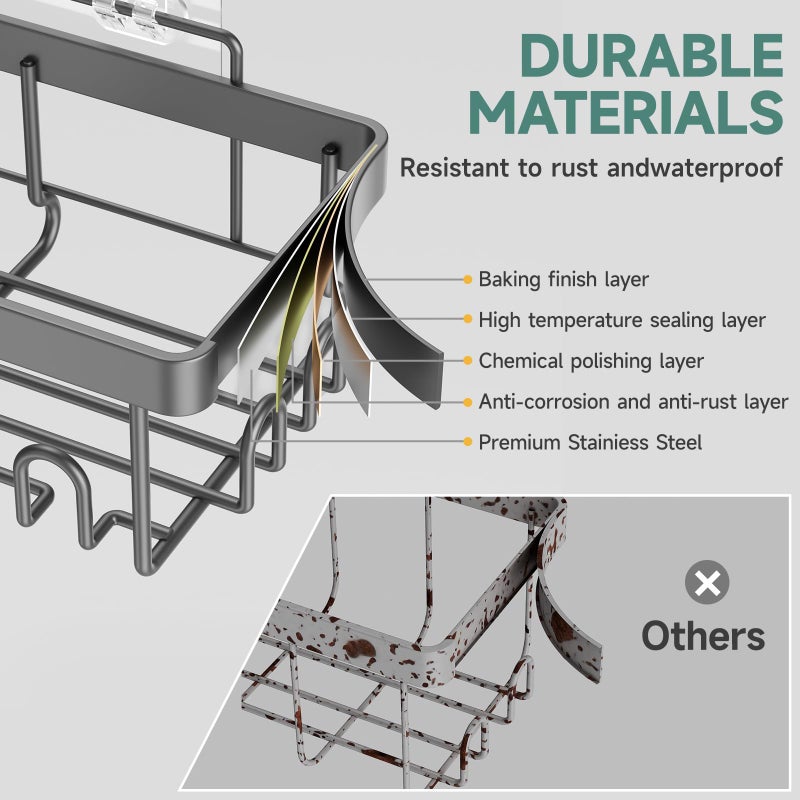 Veken Adhesive Shower Caddy 5-Pack Heavy Weight Bearing Large Wall Mounted Shower Shelves Rack Organizer Storage Accessories with Soap Dish&Toothbrush Holder Ideal for Bathroom Home&Kitchen Gray - Image 5