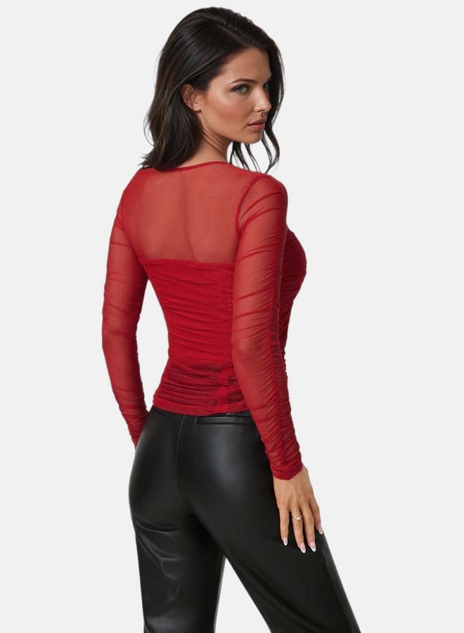bebe Stretch Mesh Shirring Long Sleeve Top - Image 2