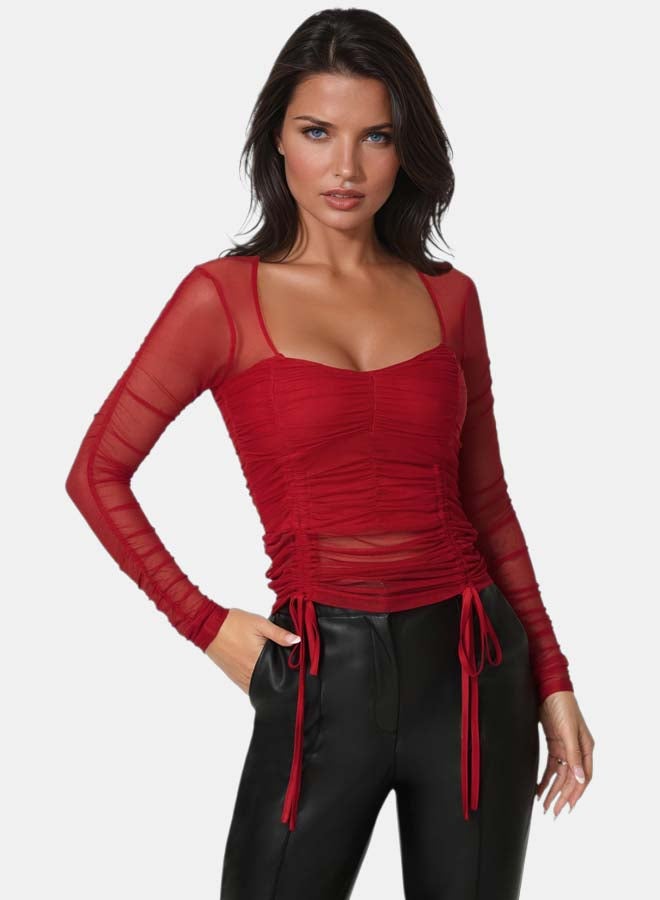 bebe Stretch Mesh Shirring Long Sleeve Top - Image 1