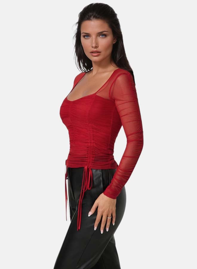 bebe Stretch Mesh Shirring Long Sleeve Top - Image 3