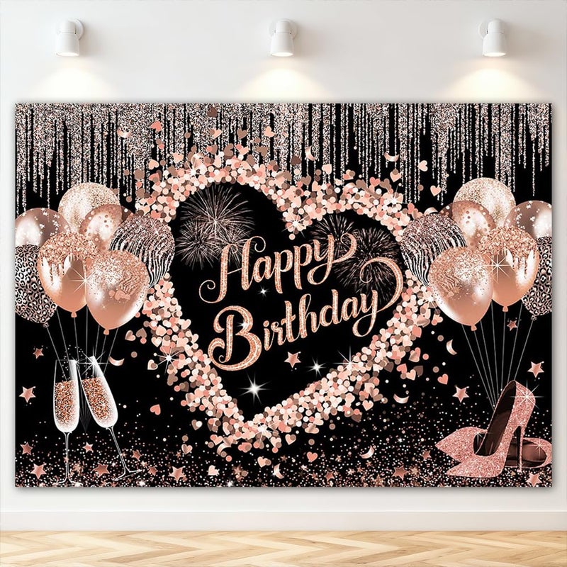 Mocsicka Women Happy Birthday Backdrop Pink Glitter Balloon Girls Birthday Background for Women Party Decorations Photo Booth Props (7x5ft) - Image 1