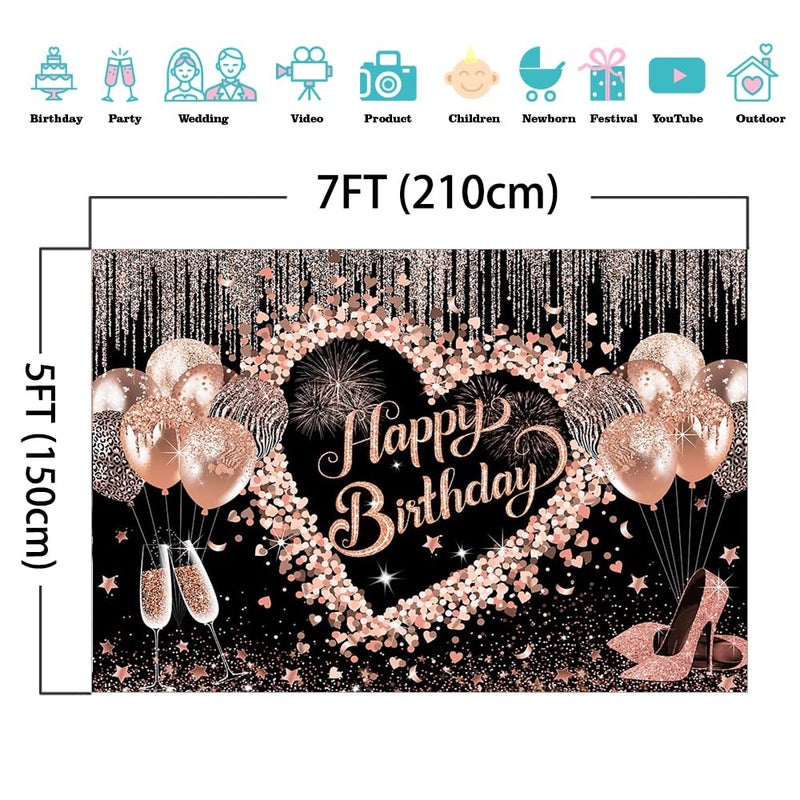 Mocsicka Women Happy Birthday Backdrop Pink Glitter Balloon Girls Birthday Background for Women Party Decorations Photo Booth Props (7x5ft) - Image 4