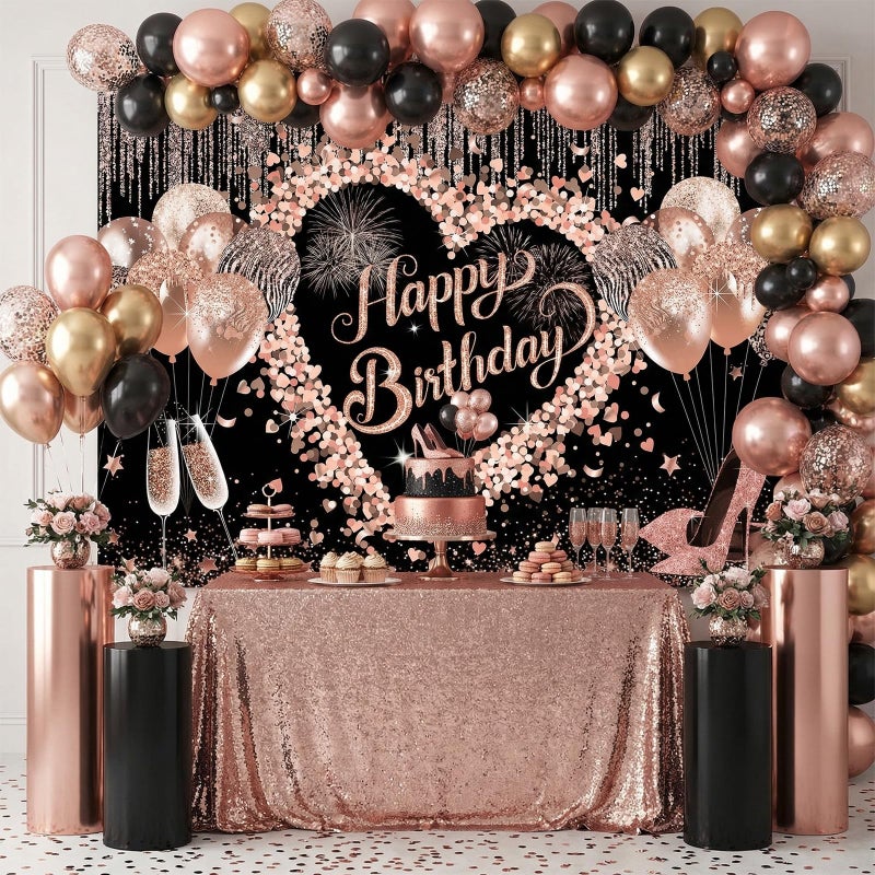 Mocsicka Women Happy Birthday Backdrop Pink Glitter Balloon Girls Birthday Background for Women Party Decorations Photo Booth Props (7x5ft) - Image 2