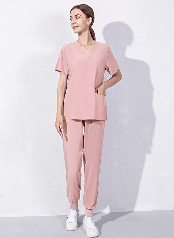 Loquat Medical Uniform Scrubs Set V-Neck Top and Loose Jogger Pants Suit Pink