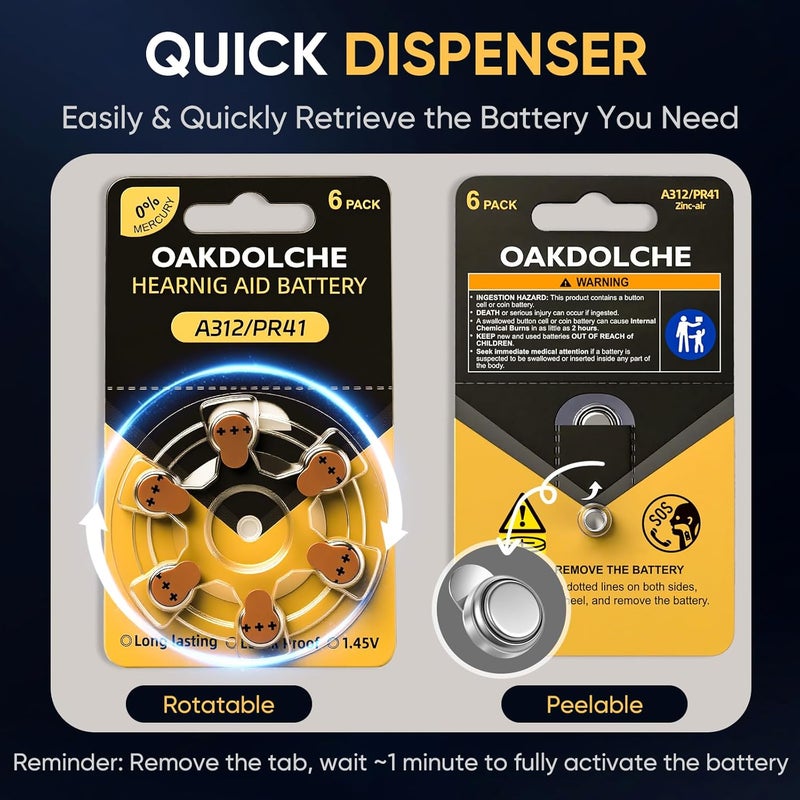 OAKDOLCHE Hearing Aid Batteries Size 312, 60 Count, Mercury Free Zinc Air, 1.45 Volt Long Lasting & Easy to Open - Image 5