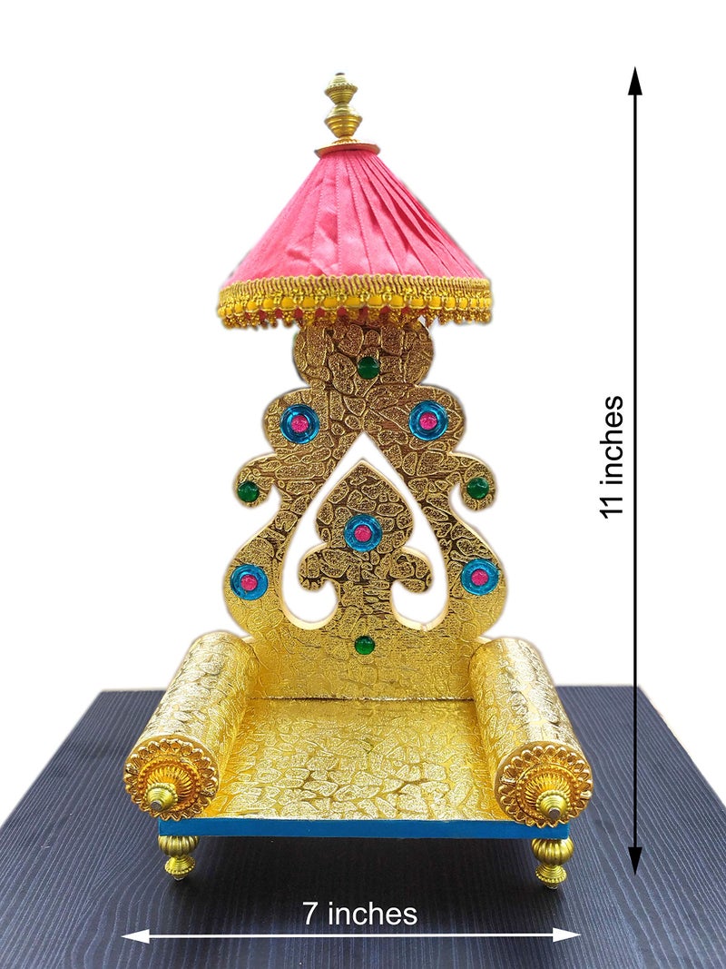 SHINDE EXPORTS Wooden Singhasan Throne with Umbrella/chatra for God Laddu Gopal Lord Thakur Pooja (Golden, 11 Inches) - Image 3