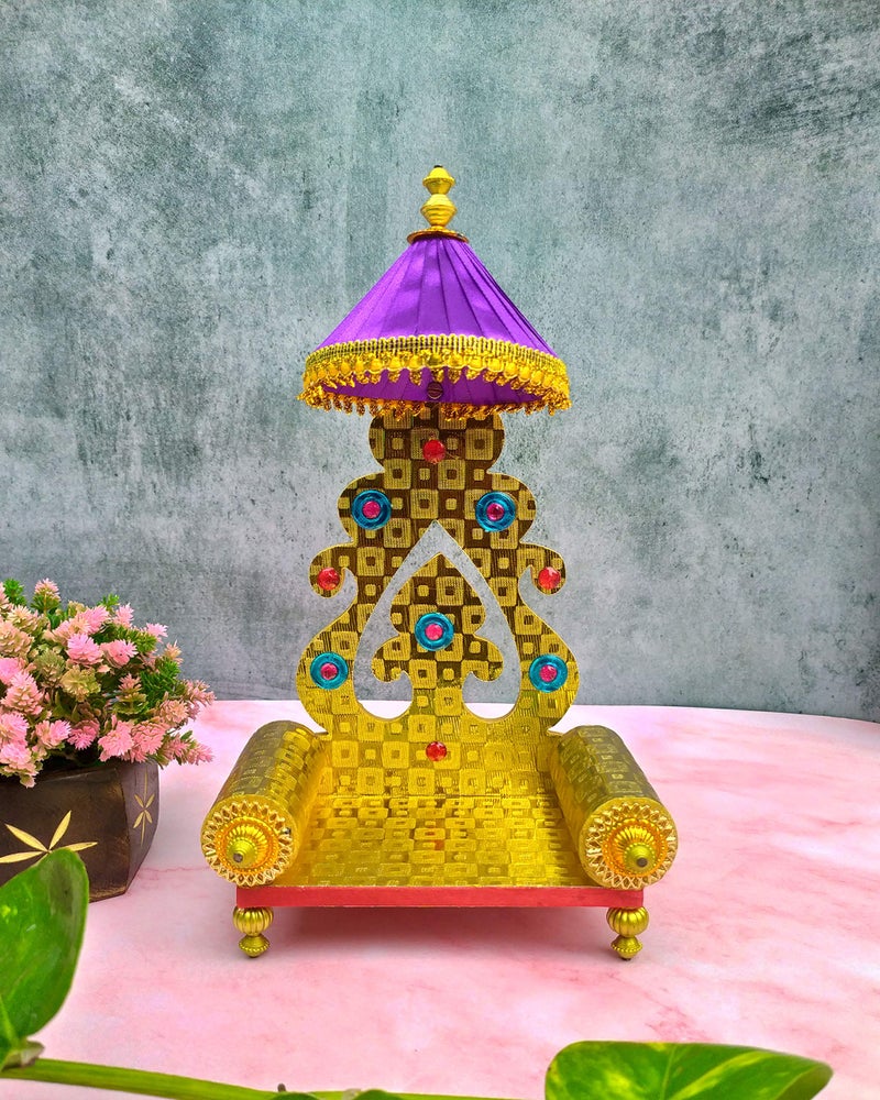 SHINDE EXPORTS Wooden Singhasan Throne with Umbrella/chatra for God Laddu Gopal Lord Thakur Pooja (Golden, 11 Inches) - Image 1