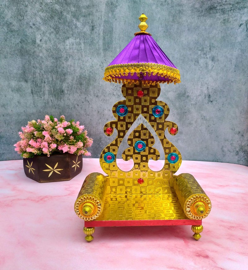 SHINDE EXPORTS Wooden Singhasan Throne with Umbrella/chatra for God Laddu Gopal Lord Thakur Pooja (Golden, 11 Inches) - Image 5