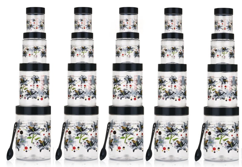 Qshare Flower Printed Storage Containers - Plastic Storage Organiser Jar Set for Kitchen with Airtight Lid Spoon, 1200ml, 650ml, 350ml & 250ml Dabba for Snacks, Grains Dry Fruits (Black, Set Of 20pc) - Image 1