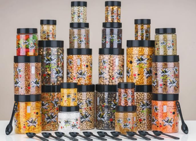 Qshare Flower Printed Storage Containers - Plastic Storage Organiser Jar Set for Kitchen with Airtight Lid Spoon, 1200ml, 650ml, 350ml & 250ml Dabba for Snacks, Grains Dry Fruits (Black, Set Of 20pc) - Image 3