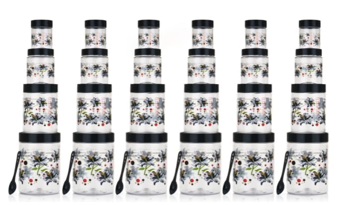 Qshare Flower Printed Storage Containers - Plastic Storage Organiser Jar Set for Kitchen with Airtight Lid Spoon, 1200ml, 650ml, 350ml & 250ml Dabba for Snacks, Grains Dry Fruits (Black, Set Of 20pc) - Image 5